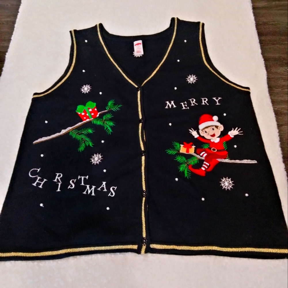 Holiday Time Merry Christmas elf present winter button up sweater vest Size XXL